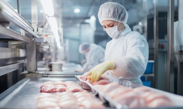 A worker in protective gear handling raw chicken on a packaging line in a food processing plant.